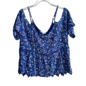 Skies Are Blue Cold Shoulder Floral Peplum Top XL Blue Boho Crochet Lace Rayon